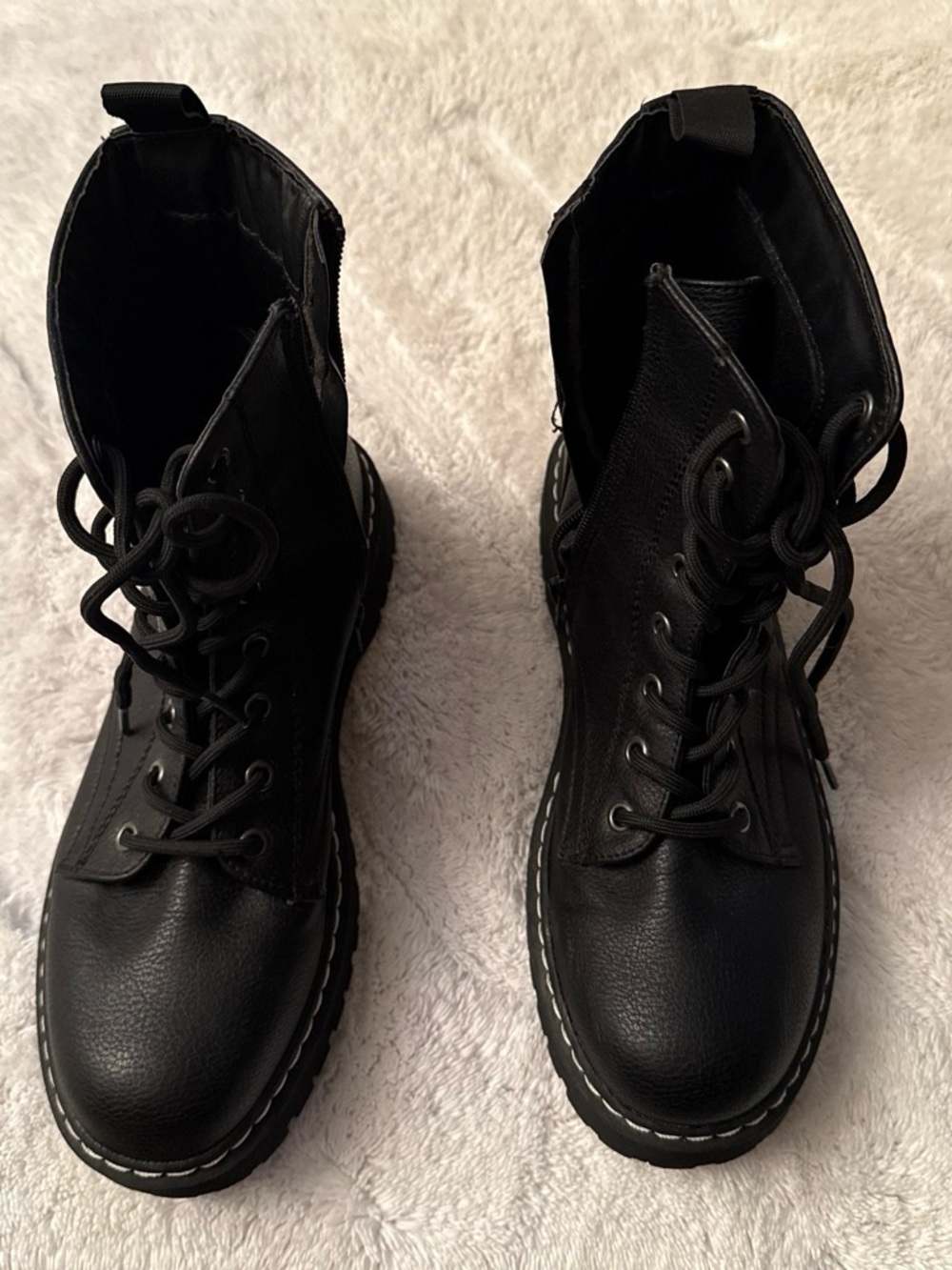 Women's Black Lace-Up Combat Boots with Contrast Stitching